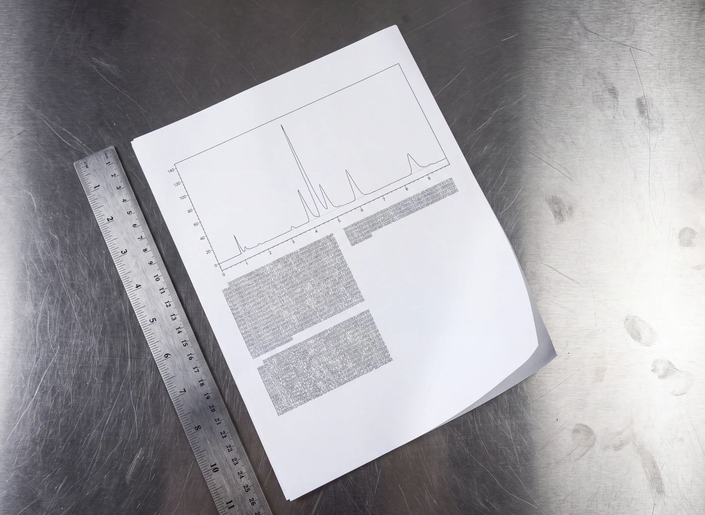 COA sheet on steel bench, overhead