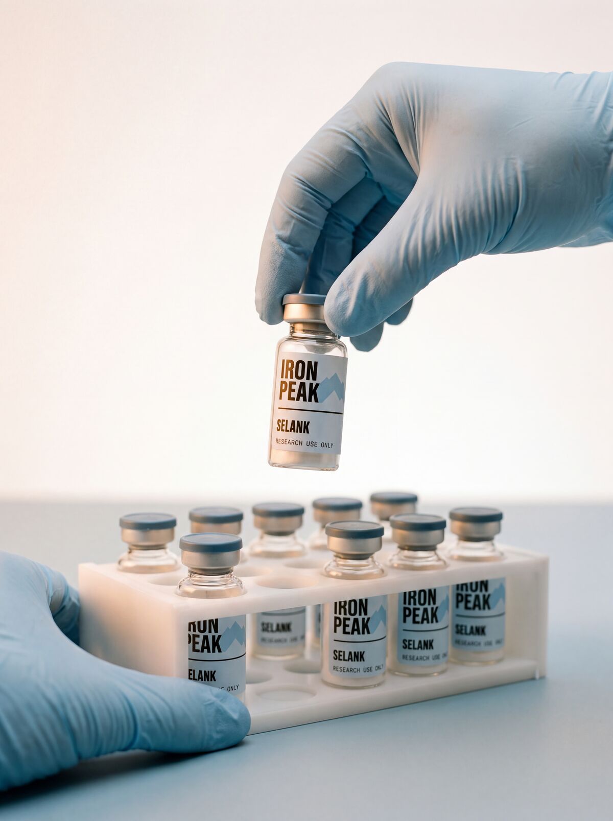 A gloved hand lifting an Iron Peak vial from a rack of nine on a laboratory bench.