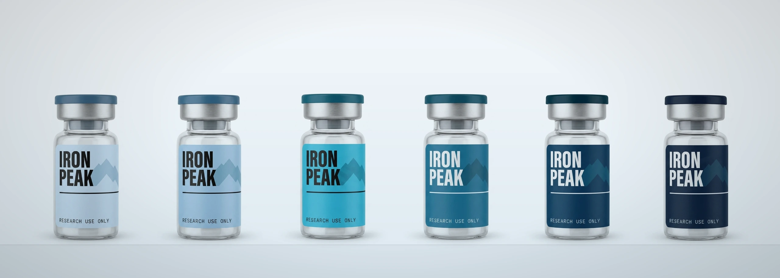 Shelf — full vial lineup, raking cold light